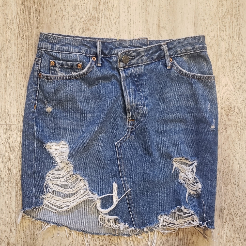 GRLFRND Payton denim Asymmetrical distressed mini skirt in long distance 25